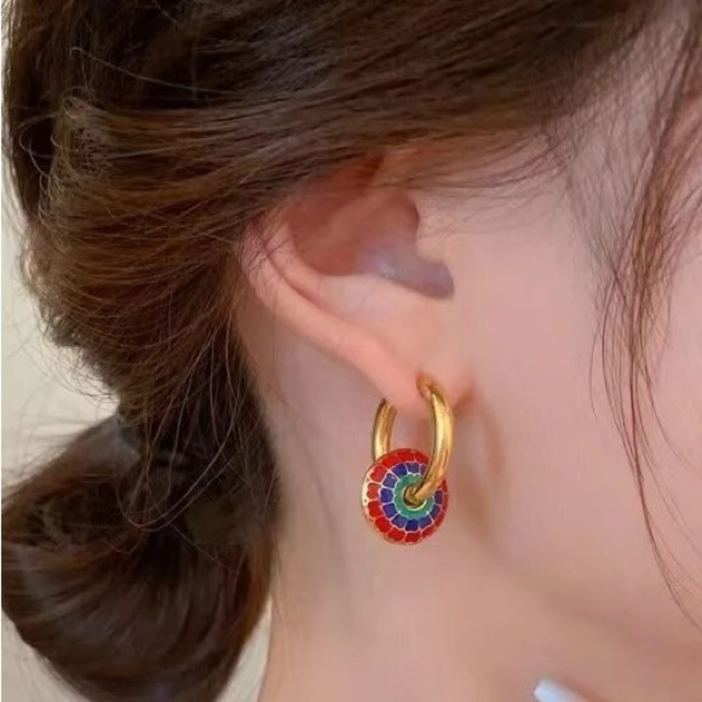 New Gold Bohemian Enamel Colored Disc Chunky Necklace & Huggie Hoop Earrings - Picture 3 of 10
